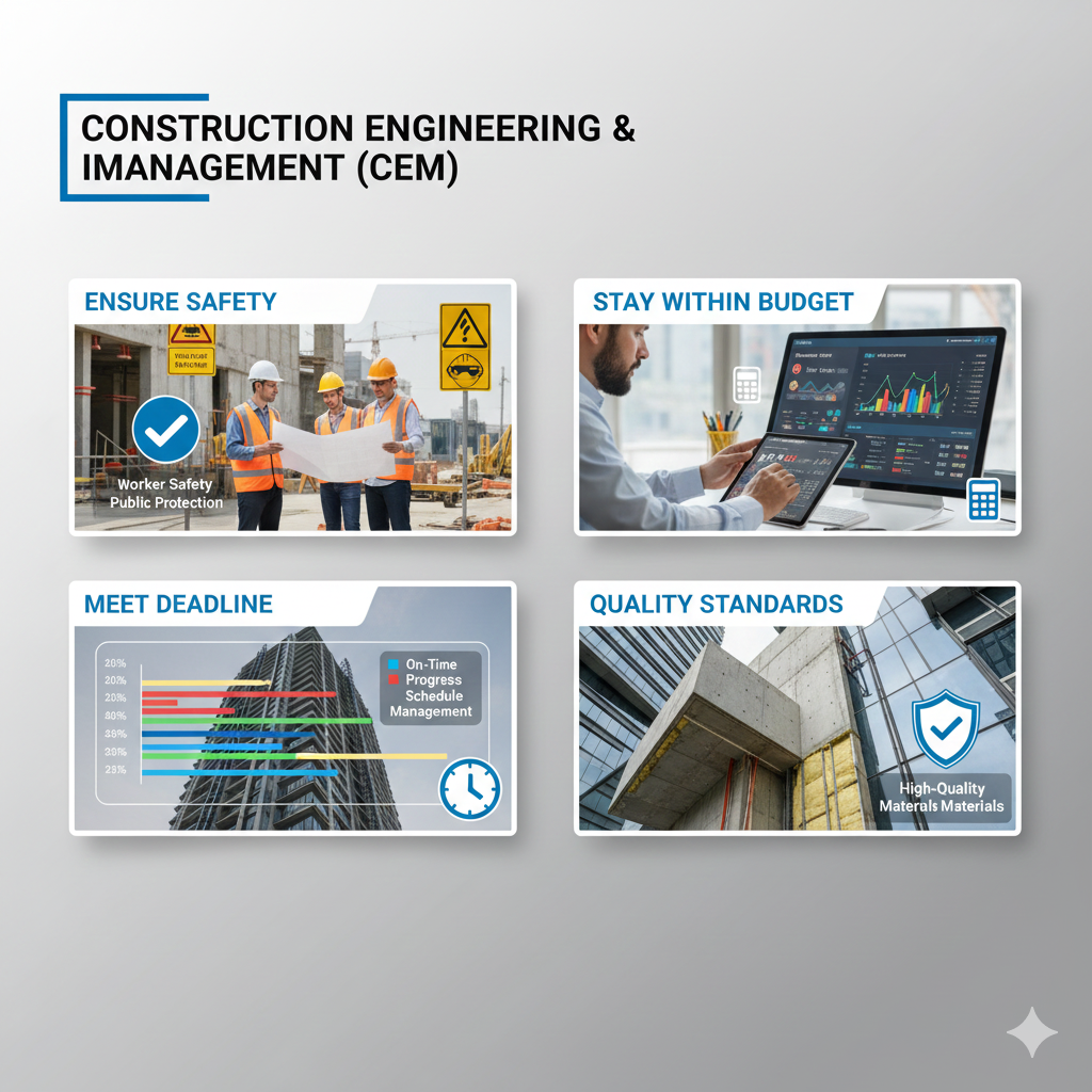 Create an ultra-realistic infographic showing the significance of Construction Engineering and Management (CEM). Use photorealistic textures, subtle shadows, and clean modern design. Include four main sections with realistic visuals: Ensure Safety – Show a construction site with engineers wearing helmets, safety vests, and warning signs. Highlight worker and public safety with clear labels. Stay Within Budget – Depict a realistic construction manager reviewing plans with a calculator, charts, or digital budget dashboard, showing cost control. Meet Deadline – Illustrate a project timeline or Gantt chart overlaid on a real construction site, showing on-time progress and schedule management. Quality Standards – Show high-quality building materials and finished structures with realistic textures, representing durability and compliance with standards. Use clear labels, modern blue and gray accents, subtle gradients, and crisp typography. The overall look should combine photorealistic construction scenes with infographic clarity, delivering a polished, professional, and educational design.