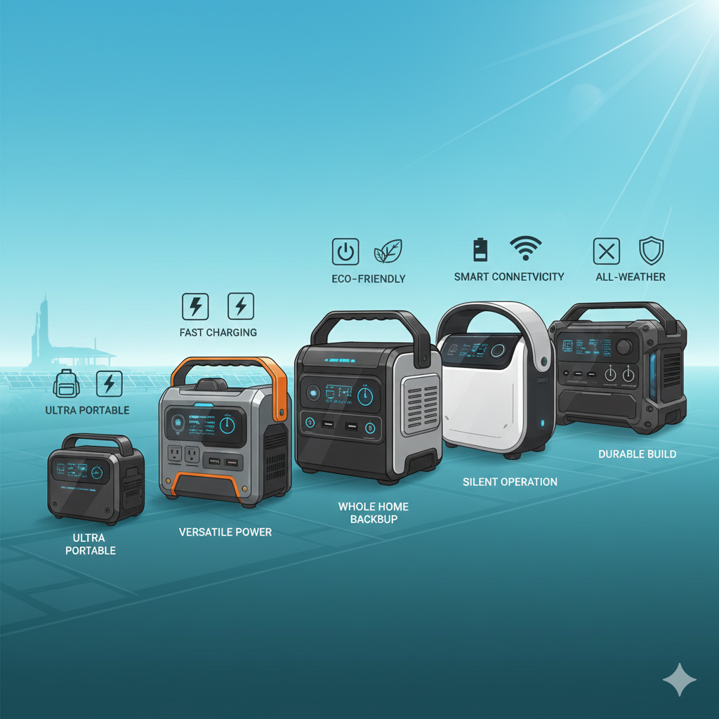 A high-quality product-comparison illustration featuring a lineup of the best solar generators currently on the market. Show 4–6 different solar generator models (varying in size from portable to mid-size), arranged in a clean row or grid. Each unit should have a subtle glow or highlight to emphasize its importance. Include small labels or icons around each model indicating their key strengths: “High Capacity,” “Portable,” “Fast Charging,” “Eco-Friendly,” “Battery Bank,” etc. The background should be a soft gradient (maybe teal to sky blue), and include solar-panel motifs, sunlight rays, or a subtle solar farm in the background. Use a modern, sleek, technical illustration style with a futuristic feel.