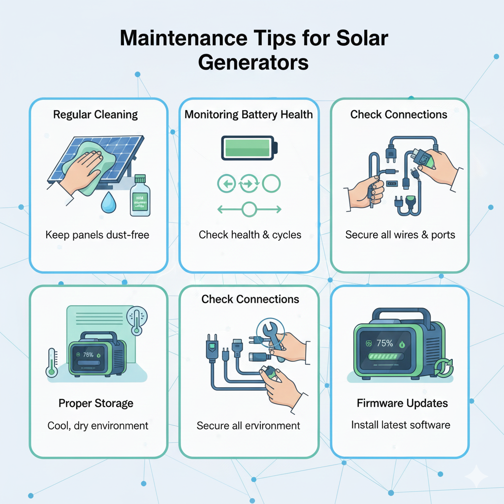 A clean, modern infographic illustration titled “Maintenance Tips for Solar Generators.” Display five sections, each with clear icons and visuals: (1) Regular Cleaning – show a hand cleaning a solar panel with a soft cloth and mild detergent, (2) Monitoring Battery Health – display a battery icon with health indicators and charging cycle symbols, (3) Check Connections – show close-up ports, wires, and plugs being inspected, (4) Proper Storage – a solar generator stored in a cool, dry place with temperature-control icons, (5) Firmware Updates – a generator with a digital screen showing an update progress bar. Use a professional tech aesthetic, soft gradients, blue and green energy tones, and crisp minimalistic illustrations. Background should be clean and futuristic, perfect for an educational renewable-energy poster.
