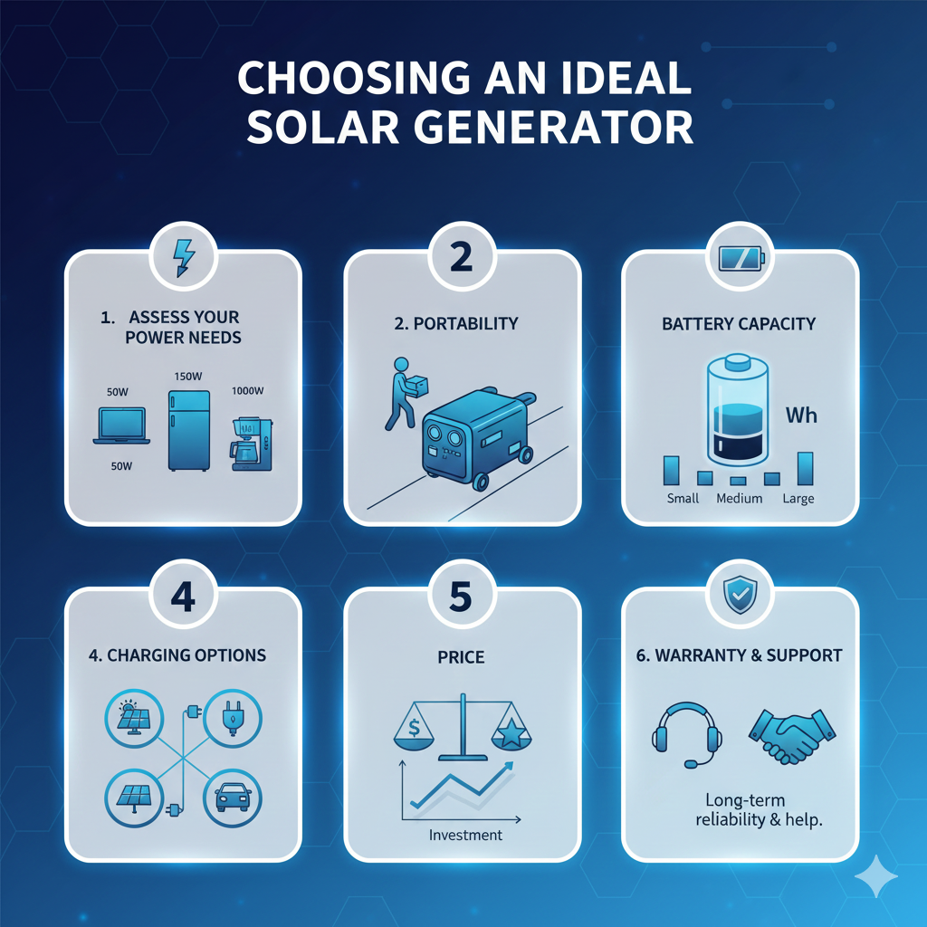 A modern infographic-style illustration titled “Choosing an Ideal Solar Generator.” Display six clean sections, each with a relevant icon and visual: (1) Assess Your Power Needs – show appliances with wattage symbols, (2) Portability – show a lightweight solar generator with handles or wheels, (3) Battery Capacity – a battery gauge or large battery icon, (4) Charging Options – icons for solar panel, wall outlet, and car charger, (5) Price – a balance scale comparing cost and quality, (6) Warranty & Support – a shield or support headset icon. Use a sleek, futuristic design with soft gradients, bright highlights, and a professional tech-style layout. Background should be minimal and clean, perfect for an educational energy-tech poster.