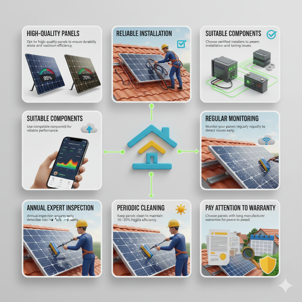 Style: Ultra-realistic, 3D elements, photorealistic textures, realistic shadows, clean modern layout. Use subtle glowing energy lines to show electricity flow. Color accents: blue, green, yellow. Crisp typography, clear labels, visually balanced. Section 1: High-Quality Panels Visual: Comparison of premium vs. budget solar panels with realistic textures. Text Overlay: “Opt for high-quality panels to ensure durability and maximum efficiency.” Section 2: Reliable Installation Visual: 3D technician installing panels properly with secure mounts and wiring. Text Overlay: “Choose certified installers to prevent poor installation and long-term issues.” Section 3: Suitable Components Visual: Inverters and batteries depicted in a home solar setup with glowing electricity flow lines. Text Overlay: “Use compatible components for reliable system performance.” Section 4: Regular Monitoring Visual: Tablet or smartphone showing real-time solar output and notifications from apps. Text Overlay: “Monitor your panels regularly to detect issues early.” Section 5: Periodic Cleaning Visual: Technician or homeowner washing panels with gentle tools and water spray. Text Overlay: “Keep panels clean to maintain 10–20% higher efficiency.” Section 6: Annual Expert Inspection Visual: Solar professional inspecting mounts, wiring, and inverters with thermal scanner or tools. Text Overlay: “Annual inspection ensures early detection of minor faults and safety.” Section 7: Pay Attention to Warranty Visual: Warranty documents with a checkmark icon, calendar, and solar panels in the background. Text Overlay: “Choose panels with long manufacturer warranties for peace of mind.” Design Notes: Include subtle energy-themed graphics like sun icons, glowing electricity flow lines, and efficiency meters. Use a clean infographic layout suitable for blogs, guides, or social media. Maintain a balanced mix of 3D panels, tools, homes, and devices for visual interest.