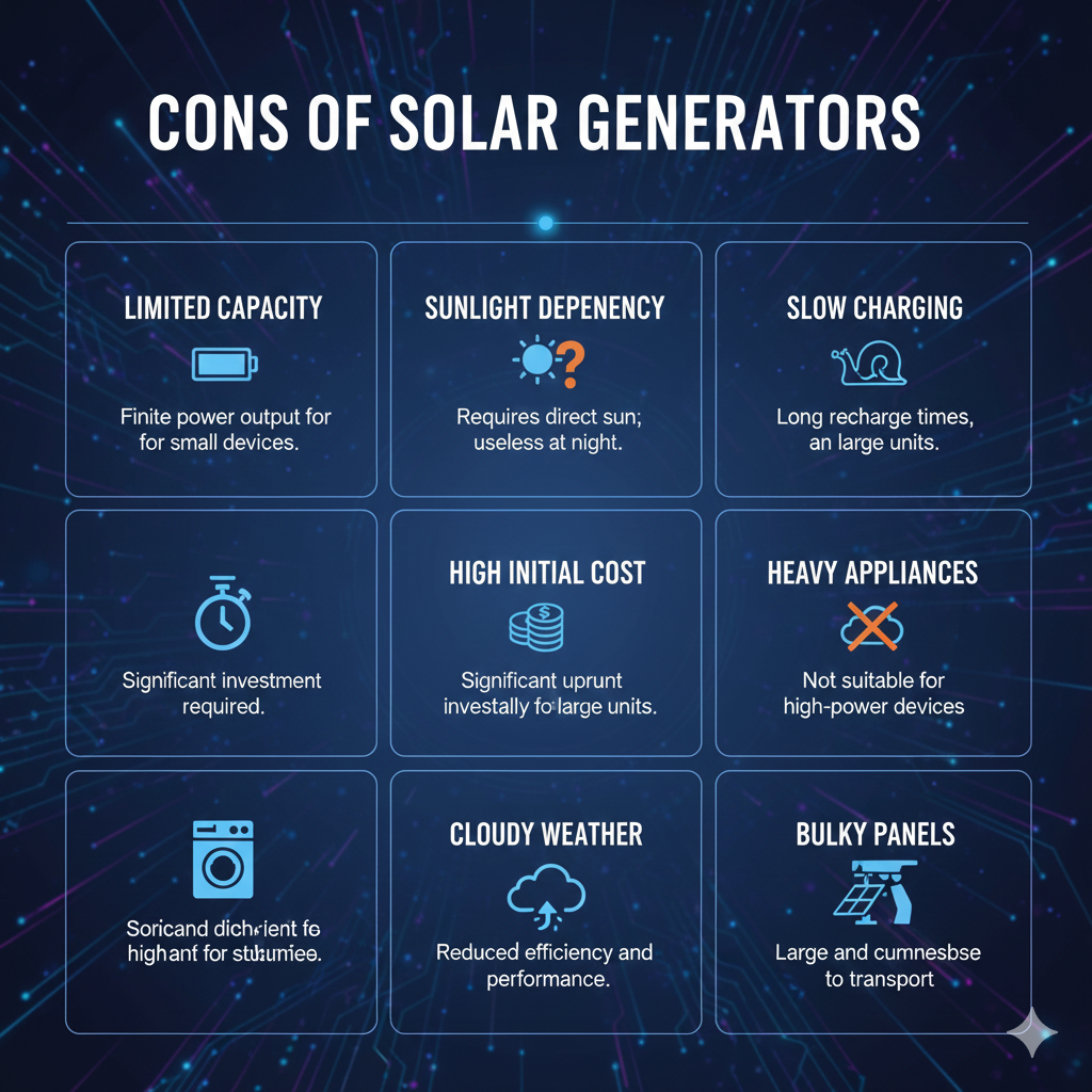 A detailed infographic-style illustration showing the major cons of solar generators. Include icons and visuals representing: limited power capacity, dependency on sunlight, slow charging times, high initial cost, not suitable for heavy appliances, performance drop during cloudy weather, and bulky solar panels. Use a clean modern design with bold headings, minimalistic icons, and a professional tech-style color palette. The background should be sleek and futuristic, ideal for an educational tech poster.