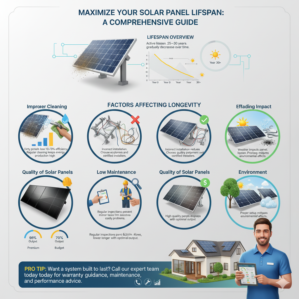 Style: Ultra-realistic, 3D elements, photorealistic textures, realistic shadows, clean modern layout. Subtle glowing energy lines for electricity flow. Sustainability-themed color accents: blue, green, yellow. Crisp typography, clear labels, and visually balanced. Section 1: Lifespan Overview Visual: A realistic 3D solar panel with a semi-transparent overlay showing a 25–30 year lifespan timeline. Text Overlay: “Active lifespan: 25–30 years. Efficiency gradually decreases over time.” Design Element: Graph showing energy output over years declining slightly, with a solar sun icon. Section 2: Factors Affecting Longevity Improper Cleaning Visual: Panel with pollen, bird droppings, leaves. A water spray and cloth cleaning it. Text Overlay: “Dirty panels lose 10–20% efficiency. Regular cleaning keeps energy production high.” Poor Installation Visual: 3D panel with misaligned mounts and wiring vs. properly installed panel. Text Overlay: “Incorrect installation reduces lifespan. Choose quality equipment and certified installers.” Low Maintenance Visual: Technician checking panels, inspecting mounts, and monitoring system via tablet. Text Overlay: “Regular inspections prevent minor issues from becoming costly problems.” Quality of Solar Panels Visual: Comparison of premium vs. budget panels, with efficiency meters showing 95% vs. 70% output. Text Overlay: “High-quality panels degrade slower, lasting longer with optimal output.” Environment Visual: Panels in sunny, snowy, and stormy conditions; protective shading or mounts highlighted. Text Overlay: “Weather impacts panel lifespan. Proper setup mitigates environmental effects.” Section 3: Pro Tip / Call to Action Visual: Friendly solar expert standing next to a home with a solar system, showing a tablet with system data. Text Overlay: “Want a system built to last? Call our expert team today for warranty guidance, maintenance, and performance advice.” Additional Style Notes: Include subtle energy flow lines from panels to the house. Use a balanced mix of 3D solar panels, homes, technicians, and environmental elements. Modern, minimalistic icons for cleaning, tools, weather, maintenance, and quality comparison. Use a clean infographic layout that can be read top-to-bottom or left-to-right.