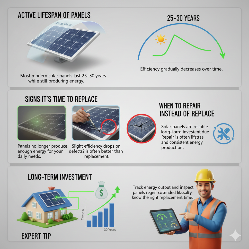 Style: Ultra-realistic, 3D elements, photorealistic textures, clean modern layout, realistic shadows. Subtle glowing electricity lines to show energy flow. Color accents: blue, green, yellow. Crisp typography and clear labels. Section 1: Active Lifespan of Panels Visual: 3D solar panels with a lifespan bar (25–30 years) showing gradual efficiency decline. Text Overlay: “Most modern solar panels last 25–30 years while still producing energy.” Section 2: Signs It’s Time to Replace Visual: Split-screen comparison: one panel with low energy output, another panel performing optimally. Text Overlay: “Panels no longer produce enough energy for your daily needs.” “Frequent repairs are required to maintain performance.” Section 3: When to Repair Instead of Replace Visual: Close-up of a cracked or slightly damaged panel being repaired by a technician. Text Overlay: “Slight efficiency drops or minor defects? Repair is often better than replacement.” Section 4: Long-Term Investment Visual: House with solar panels, money-saving chart over 30 years, and energy production icons. Text Overlay: “Solar panels are a reliable long-term investment due to their extended lifespan and consistent energy production.” Section 5: Expert Tip Visual: Technician or solar expert pointing to a panel and lifespan meter. Text Overlay: “Track energy output and inspect panels regularly to know the right replacement time.” Design Notes: Include realistic 3D solar panels, rooftops, and tools. Subtle glowing energy lines connecting panels to the house for visual flow. Balanced infographic layout suitable for blogs, guides, or homeowner educational content.