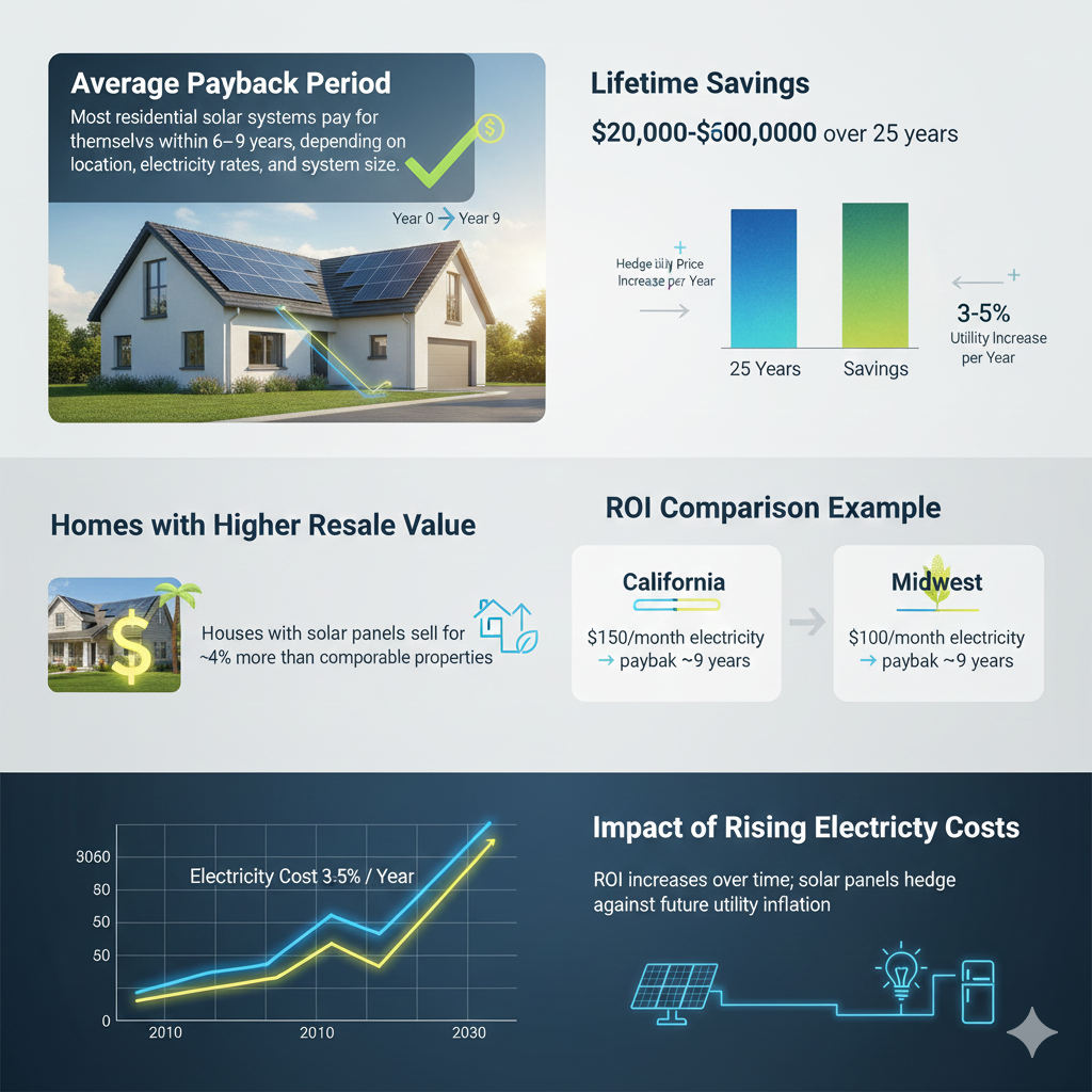 Create an ultra-realistic infographic illustrating the ROI and payback period of residential solar systems. Use photorealistic textures, realistic shadows, and a clean modern layout with clear labels, crisp typography, and subtle energy-themed accents (blue, green, yellow). Include glowing energy lines showing electricity flow from panels to the home. 1. Average Payback Period Show a rooftop solar system on a photorealistic home. Overlay text: “Most residential solar systems pay for themselves within 6–9 years, depending on location, electricity rates, and system size.” Include visual meter or timeline showing payback period. 2. Lifetime Savings Include photorealistic charts showing savings of $20,000–$60,000 over 25 years. Add subtle arrows showing utility price increases of 3–5% per year, highlighting solar as a hedge. 3. Homes with Higher Resale Value Show home with solar panels and dollar sign overlay. Include text: “Houses with solar panels sell for ~4% more than comparable properties.” Optional icon of real estate and energy efficiency badge. 4. ROI Comparison Example Compare California vs. Midwest homeowners. Overlay text: “CA: $150/month electricity → payback ~9 years; Midwest: $100/month → payback ~9 years.” Visual arrows connecting electricity costs to payback timeline. 5. Impact of Rising Electricity Costs Include line graph showing electricity cost growth 3–5% per year. Overlay text: “ROI increases over time; solar panels hedge against future utility inflation.” Include subtle glowing energy lines flowing from panels to home appliances. Style Notes: Photorealistic 3D solar panels, rooftops, homes, and charts. High-detail, professional educational design suitable for blogs, guides, or homeowner decision-making content. Clear labels, crisp typography, visually balanced layout. Subtle energy-themed accents in blue, green, and yellow.