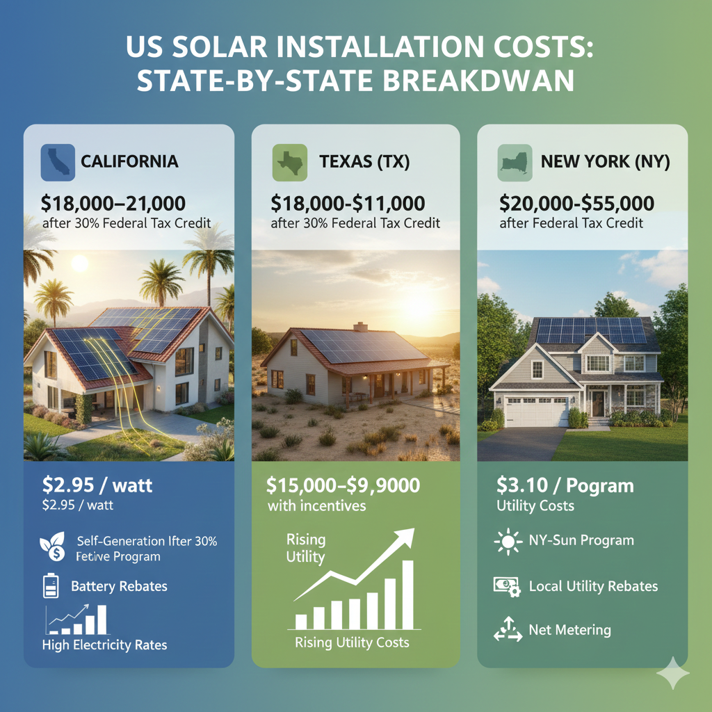 Create an ultra-realistic infographic showing how solar installation costs vary across the US. Use photorealistic textures, realistic shadows, and a clean modern layout with clear labels, crisp typography, and subtle energy-themed accents (blue, green, yellow). Include glowing energy lines flowing from solar panels to homes, emphasizing savings and ROI. 1. California Show a photorealistic California home with rooftop solar panels. Overlay text: “$2.95 per watt → $18,000–$21,000 after 30% Federal Tax Credit.” Include icons for self-generation incentive program and battery rebates. Optional small map icon showing California. 2. Texas (TX) Photorealistic Texas home with solar panels. Overlay text: “$2.70 per watt → $15,000–$19,000 with incentives.” Include subtle electricity rate arrow showing rising utility costs. Optional state map or TX icon. 3. New York (NY) Photorealistic New York home with rooftop solar. Overlay text: “$3.10 per watt → $20,000–$25,000 after Federal Tax Credit.” Include NY-Sun program logo icon, local utility rebates, and net metering symbols. Optional state map icon for New York. Style Notes: Use photorealistic 3D homes, rooftops, and solar panels for each state. Subtle glowing energy lines representing electricity flow from solar panels. Include small charts or dollar icons to visually compare pricing. Clean blue, green, yellow accents for energy and sustainability theme. Crisp typography and visually balanced layout suitable for blogs, guides, or homeowner decision-making content.