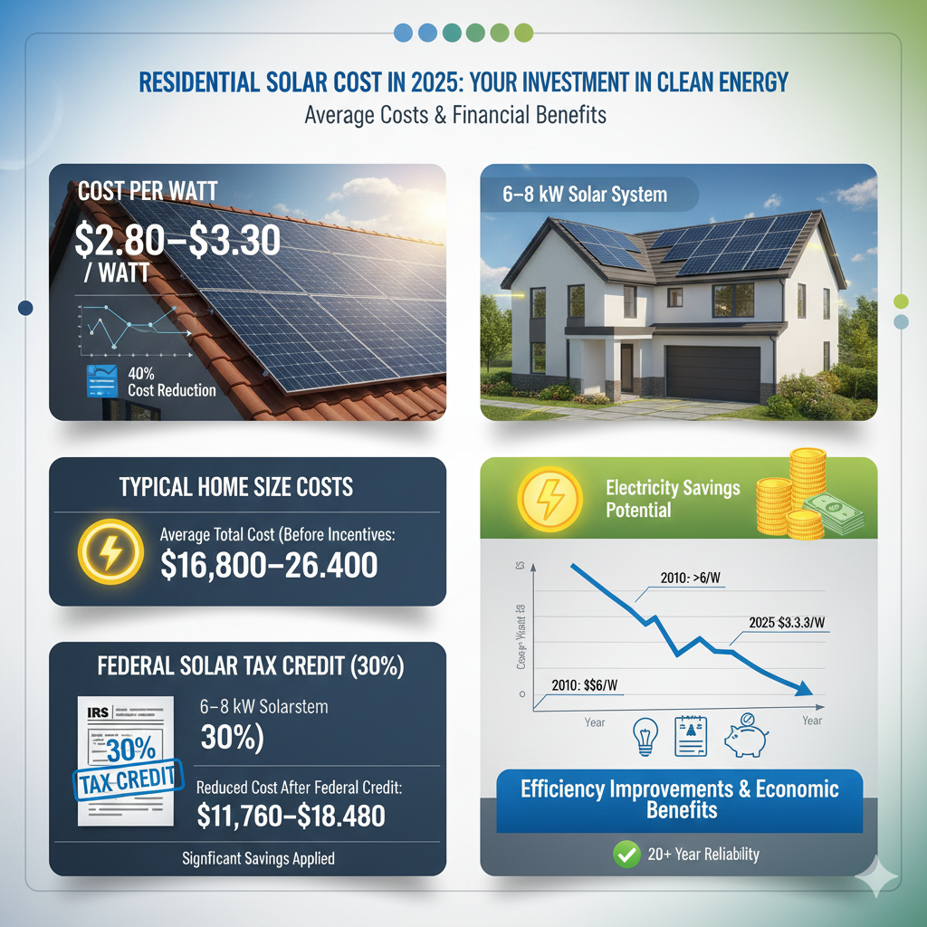 Create an ultra-realistic infographic showing the average cost of residential solar installations in 2025. Use photorealistic textures, realistic shadows, and a clean modern layout. Include sections with clear labels, crisp typography, and subtle energy-themed accents (blue, green, yellow). 1. Cost per Watt Show $2.80–$3.30 per watt using realistic solar panels on a rooftop. Include a comparison chart illustrating price drop over the years (2010 → 2025). Include subtle arrows or graphs showing 40% cost reduction over the last decade. 2. Typical Home Size Costs Show a photorealistic home with a 6–8 kW solar array. Label average total cost before incentives: $16,800–$26,400. Include glowing overlay showing electricity savings potential. 3. Federal Solar Tax Credit (30%) Show IRS form/document icon with 30% overlay. Highlight reduced cost after credit: $11,760–$18,480. Include visual of money saved and incentives applied. 4. Long-Term Savings & Trend Include line graph showing price drop from 2010 (>$6/watt) to 2025 ($2.80–$3.30/watt). Illustrate efficiency improvements and economic benefits of modern solar systems. Style Notes: Use photorealistic 3D solar panels, rooftops, and homes. Include subtle glowing energy lines to represent electricity flow. Clean blue, green, and yellow accents for energy and sustainability theme. High-detail, professional educational design suitable for blogs, guides, or financial decision-making content.