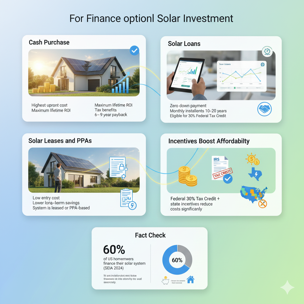 Create an ultra-realistic infographic illustrating financing options for residential solar investment. Use photorealistic textures, realistic shadows, and a clean modern layout with clear labels, crisp typography, and subtle energy-themed accents in blue, green, and yellow. Include glowing energy lines showing electricity flow from panels to home. Sections: 1. Cash Purchase Photorealistic home with solar panels installed. Overlay text: “Highest upfront cost, maximum lifetime ROI, tax benefits, 6–9 year payback.” Subtle visual of money savings growing over time. 2. Solar Loans Home with solar panels and realistic monthly payment plan chart. Overlay text: “Zero down payment, monthly installments 10–20 years, eligible for 30% Federal Tax Credit.” Subtle arrow showing loan payment vs. long-term savings. 3. Solar Leases and PPAs Depict homeowner under solar panels without owning them. Overlay text: “Low entry cost, lower long-term savings, system is leased or PPA-based.” Include subtle icons for lease contract and electricity bills. 4. Incentives Boost Affordability IRS document icon, state rebate icons, SREC, and net metering symbols. Highlight top states: California, New York, Texas. Overlay text: “Federal 30% Tax Credit + state incentives reduce costs significantly.” 5. Fact Check Visual statistic: “60% of US homeowners finance their solar system (SEIA 2024).” Include subtle bar chart or pie chart visualizing financing popularity. Style Notes: Photorealistic 3D solar panels, rooftops, homes, and financial icons. Clean, high-detail, professional educational design suitable for blogs, guides, or homeowner decision-making content. Clear labels, crisp typography, visually balanced layout.