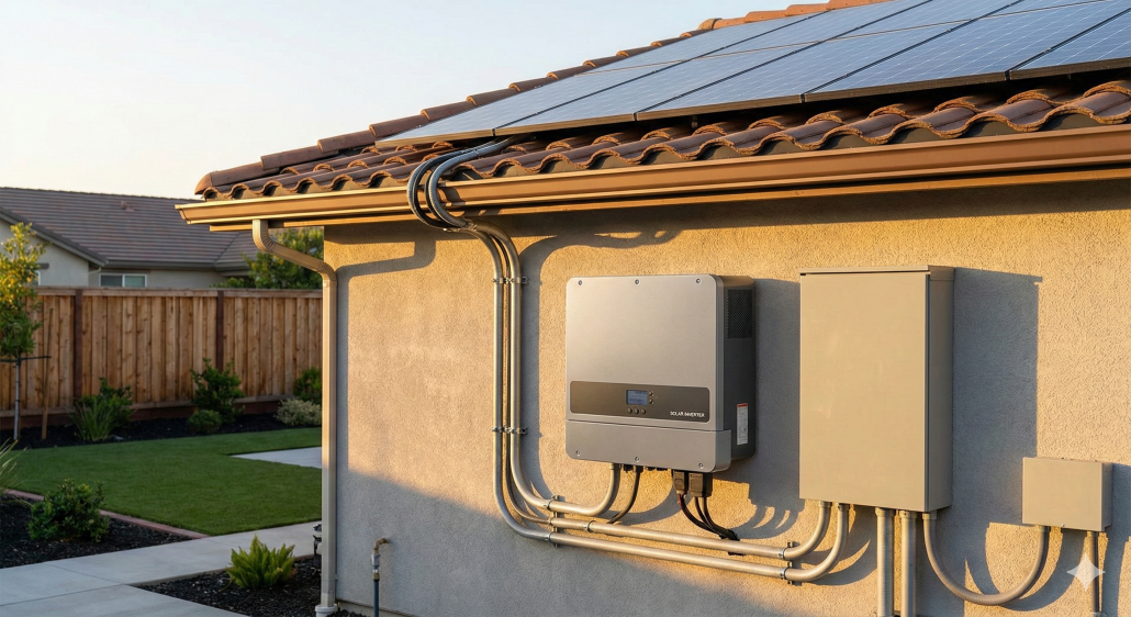 A highly photorealistic image of a modern solar inverter installed on a wall next to a house electrical panel. Rooftop solar panels are visible, with cables leading to the inverter. Show warm natural sunlight, realistic textures, shadows, and a clean environment. Professional, real-life look for a solar education article.
