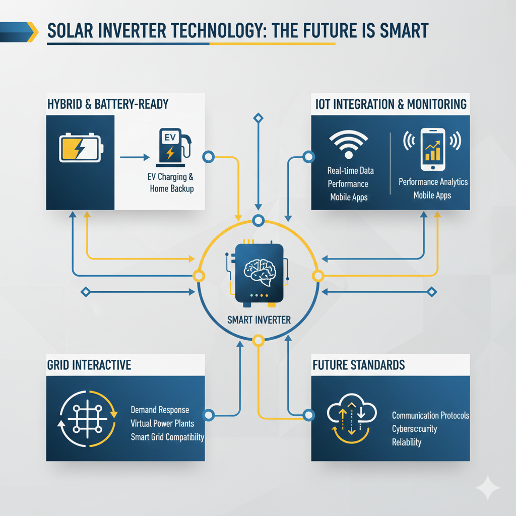 A modern infographic explaining smart technology and future trends in solar inverters. Show sections for hybrid inverters, battery-ready systems, IoT integration, monitoring apps, WiFi connectivity, grid-interactive technology, and industry standards. Include icons for WiFi, battery storage, EV charging, real-time data analytics, and smart grid connections. Use clean lines, clear labels, arrows, and a tech-inspired blue–yellow color theme. Professional, educational layout.