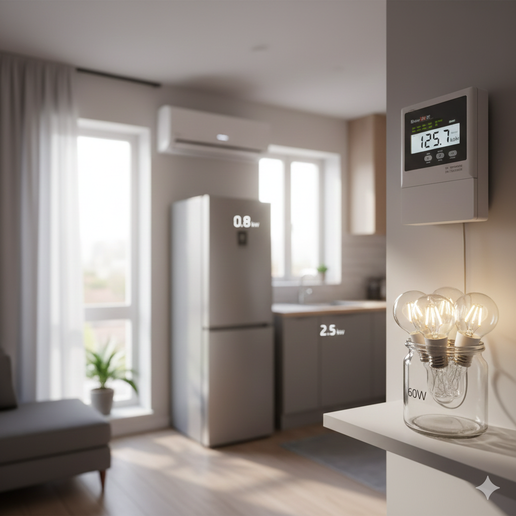 A photorealistic image showing household appliances with energy ratings—LED bulbs labeled 60W, refrigerator and AC showing kW usage, and a digital electricity meter displaying kWh consumption. Clean modern home interior with natural lighting. Professional, realistic educational feel.