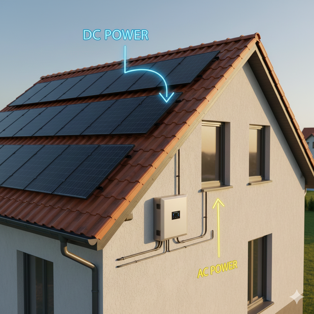 A photorealistic 3D rendering of a residential rooftop with solar panels arranged in uniform rows. Cables lead from the panels down the side of the house to a single, sleek string inverter box mounted on an exterior wall. The image should feature warm, natural sunlight casting subtle shadows, showing realistic textures of the roof tiles and house siding. Clearly visible, labeled arrows indicate DC power flowing from panels to the inverter, and AC power flowing from the inverter into the house. The overall aesthetic is clean, modern, and educational, suitable for a solar technology blog, highlighting the simplicity of the string inverter setup