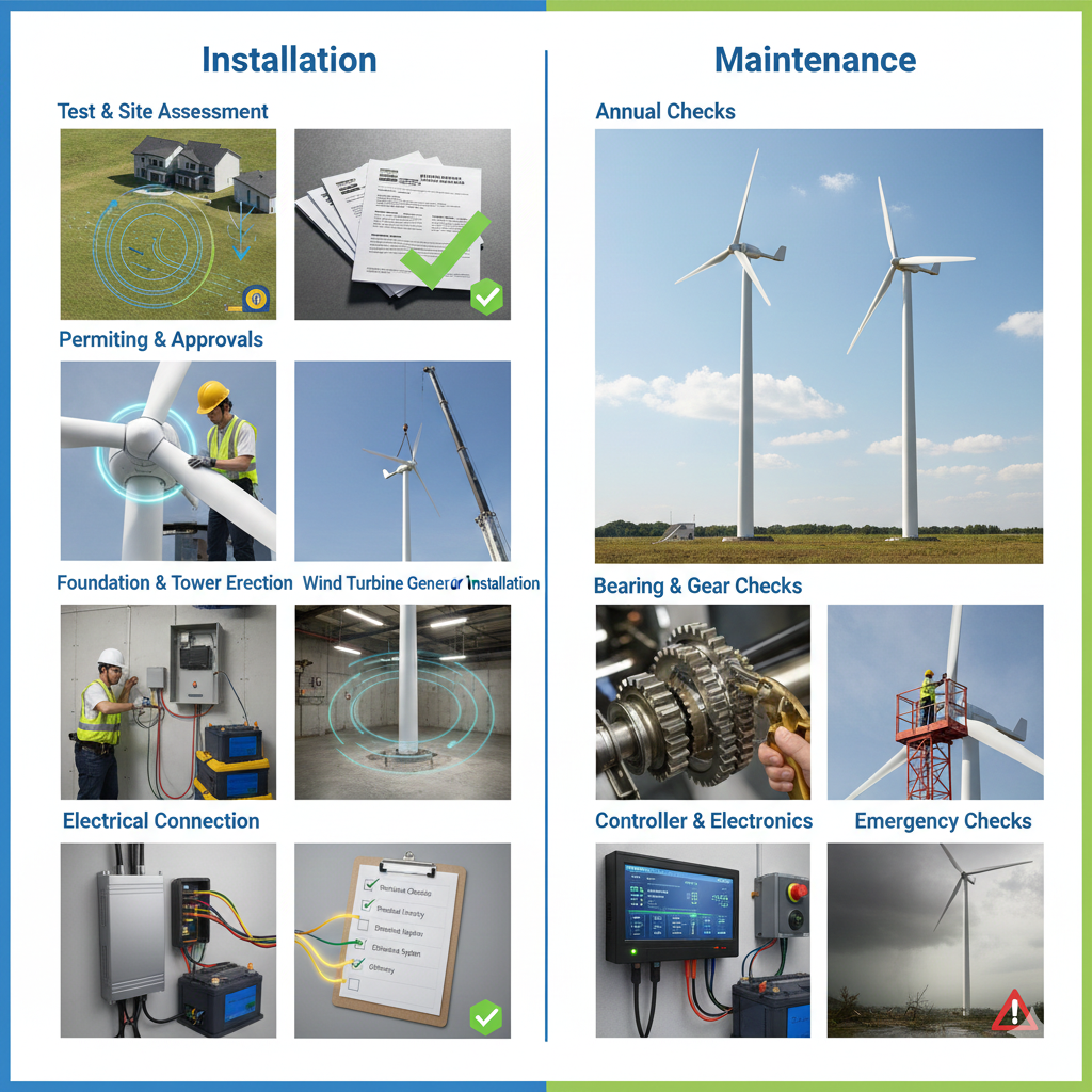 Create an ultra-realistic infographic showing step-by-step installation and maintenance of residential wind turbines. Use photorealistic textures, realistic shadows, and a clean, modern layout. Divide the infographic into two main sections: Installation and Maintenance.

Installation Section – Step-by-Step:

Test & Site Assessment: Photorealistic aerial view of a property with unobstructed tower location, wind flow arrows, and trees.

Permitting & Approvals: Realistic building permit forms, HOA documents, and a compliance checkmark.

Foundation & Tower Erection: Concrete foundation with crane lifting turbine tower; soft shadows and realistic textures.

Wind Turbine Generator Installation: Blades attached, rotor aligned and balanced, subtle glowing arrows showing motion.

Electrical Connection: Wiring to home grid or battery system, realistic wires, safety labels, and compliance check icons.

Inspection Checklist: Clipboard with checkmarks for structural integrity, electricity, and efficiency, with real turbine in background.

Maintenance Section – Schedule:

Annual Checks: Technician inspecting blades, tower, and wiring.

Bearing & Gear Checks: Close-up on mechanical parts with lubrication or replacement in progress.

Controller & Electronics: Check inverters, battery systems, and turbine controllers with realistic displays.

Emergency Checks: Inspect turbine post-storm, highlighting damage and safety measures.

Style Notes:

Use photorealistic 3D turbine, crane, and home elements.

Include subtle glowing energy lines showing electricity flow.

Clean blue, green, and yellow accents for energy theme.

Crisp typography and clear labels for each step.

High-detail, professional, educational, and visually polished design suitable for blogs, guides, or training materials.