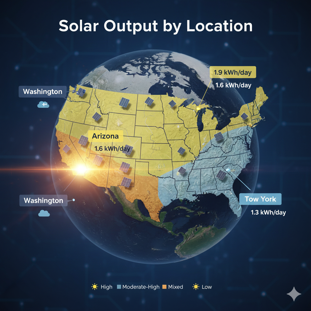 A photoreal regional comparison poster titled “Solar Output by Location.” Use real satellite-style imagery of the U.S. map overlaid with realistic solar panels and sunlight intensity zones. Highlight Arizona with bright sunlight (1.9 kWh/day), Texas and Illinois with moderate-high light (1.6 kWh/day), New York with mixed seasonal light (1.3 kWh/day), and Washington with cloudy, low-light conditions (1.1 kWh/day). Include high-quality textures and atmospheric lighting.