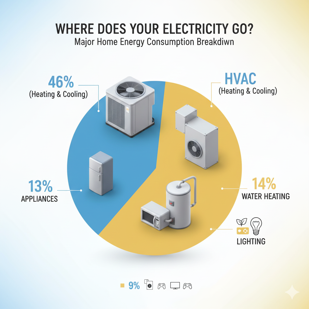 An ultra-realistic infographic showing the major categories that consume the most electricity in a home. Include photorealistic icons or semi-real 3D illustrations for HVAC (46%), Water Heating (14%), Appliances (13%), Lighting (9%), and Electronics (8%). Use realistic textures, soft shadows, clean white background, and subtle gradients. Show percentage bars or pie chart with crisp labels. HVAC icon should look like a real AC unit; water heating represented by a real water heater; appliances shown with real refrigerator/microwave; lighting with LED bulbs vs incandescent; electronics with TV and gaming console. High-detail, professional, premium energy-education style.