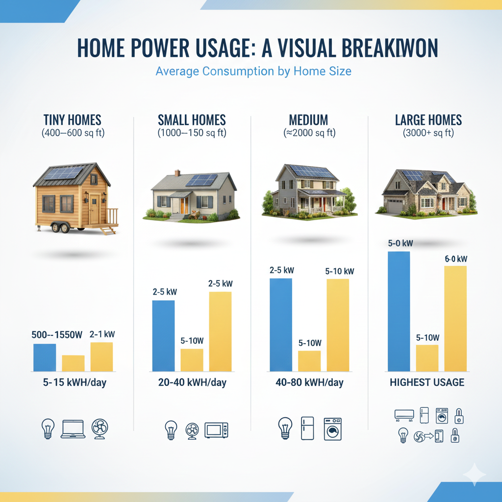 A highly realistic infographic showing average home power usage by home size. Include four sections: Tiny Homes (400–600 sq ft) with 500–1500W, 5–15 kWh/day; Small Homes (1000–1500 sq ft) with 2–5 kW, 20–40 kWh/day; Medium Homes (≈2000 sq ft) with 5–10 kW, 40–80 kWh/day; Large Homes (3000+ sq ft) with the highest usage. Show realistic house illustrations for each size, soft shadows, clean white background, subtle gradients, and real-looking icons for appliances like LED lights, laptop, fan, microwave, fridge, washer, heater, AC. Use clear labels, comparison bars, and modern blue/yellow accents. The overall style should combine photorealistic elements with infographic clarity, delivering a polished, professional, and visually accurate energy-usage comparison.