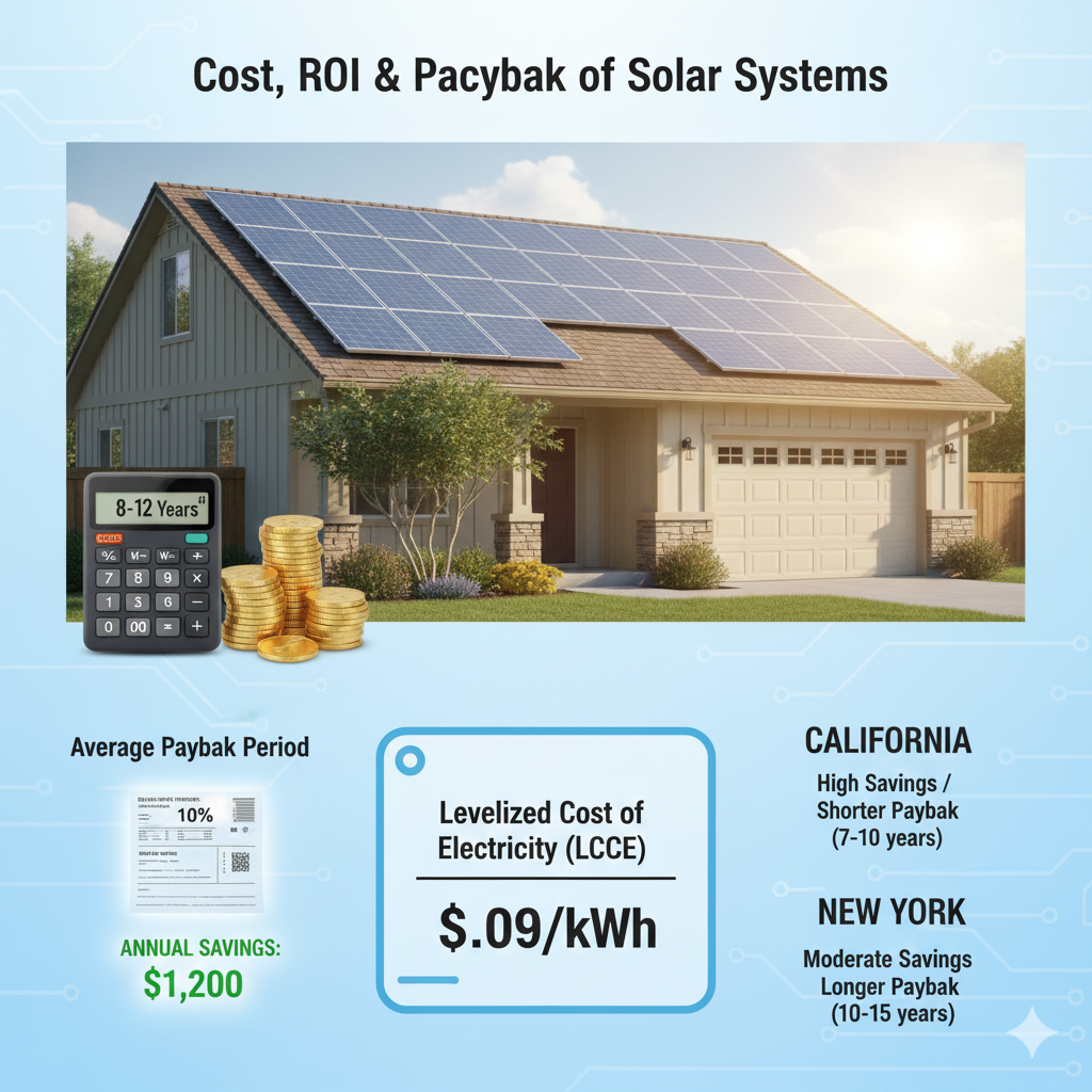 A photorealistic financial infographic titled “Cost, ROI & Payback of Solar Systems.” Show a real home with rooftop solar panels, a calculator, money stacks, and an electricity bill showing $1,200 annual savings. Include realistic state comparisons (California, New York) and a clear LCOE calculation: “$0.09/kWh.” Use high detail, natural lighting, and professional photographic elements.