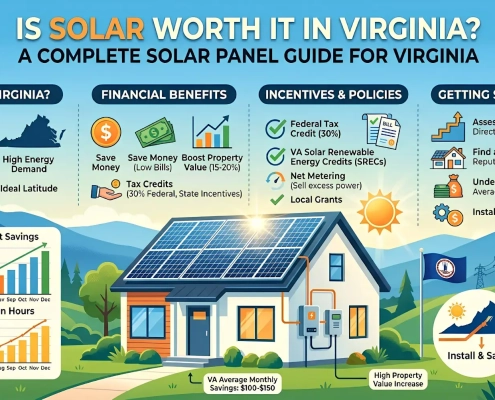 A complete solar panel guide infographic for Virginia homeowners highlighting financial benefits and local incentives.