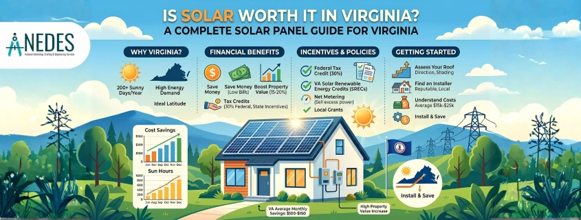 A complete solar panel guide infographic for Virginia homeowners highlighting financial benefits and local incentives.