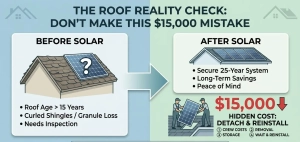 it explaining the $15,000 cost of installing solar panels on an old roof vs. a new roof.