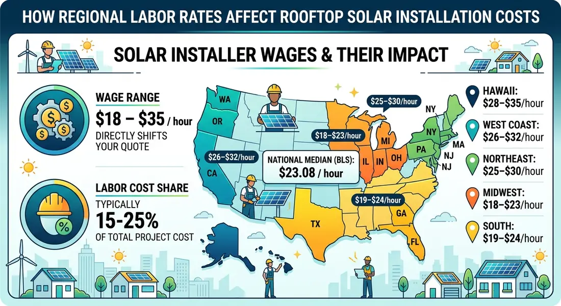 Infographic showing regional solar installer wages and rooftop solar installation labor costs across the U.S.
