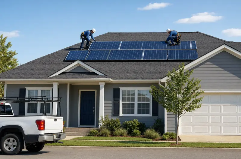 Residential Solar Installer Services installers placing panels on the rooftop with the work truck parked out front