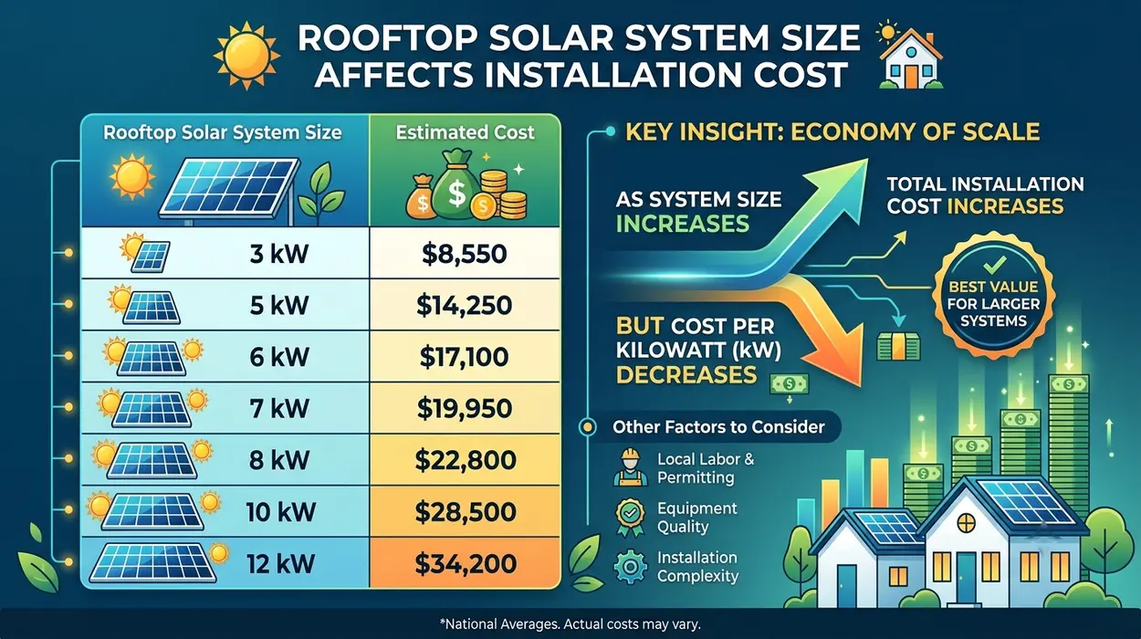 Infographic comparing rooftop solar system sizes and estimated installation costs.