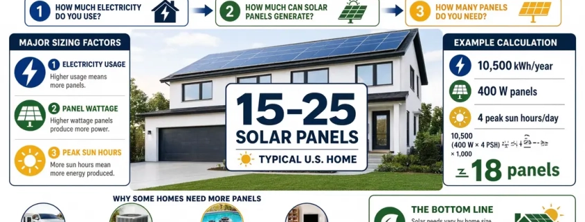 How many solar panels are needed to run a house, showing 15–25 panels for a typical U.S. home