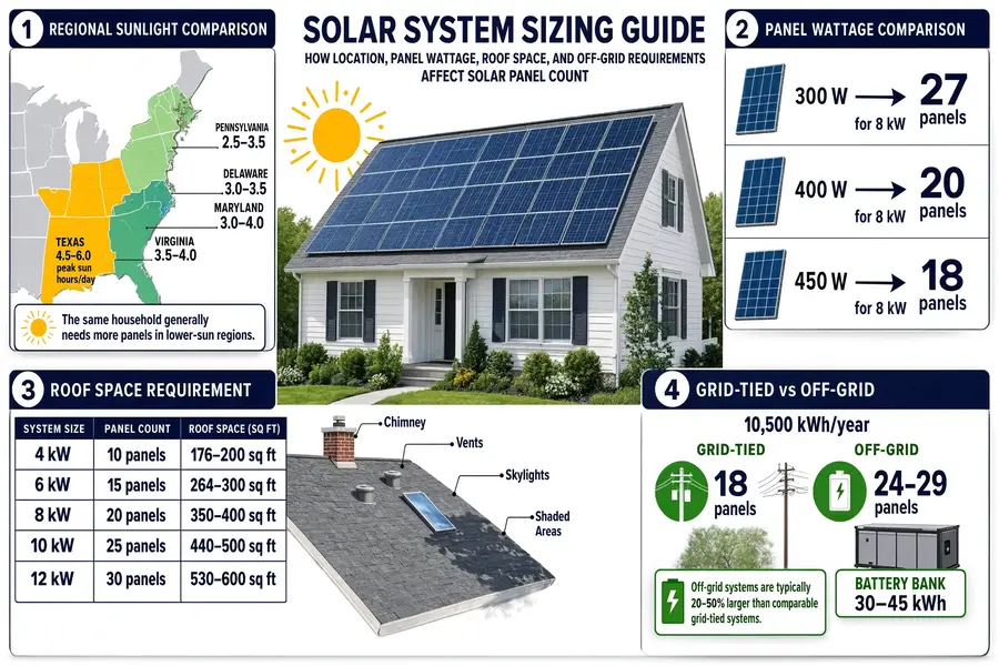 Solar system sizing guide showing panel wattage, roof space, sunlight, and grid-tied versus off-grid requirements.